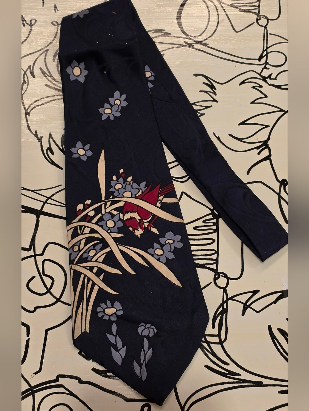 VTG 40s 50s Beau Brummell Silk Tie Wide 4" Navy Blue Bird Floral Rockabilly MCM